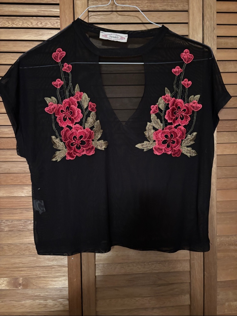 Black V-Neck Sheer Top with Pink Floral Embroidery